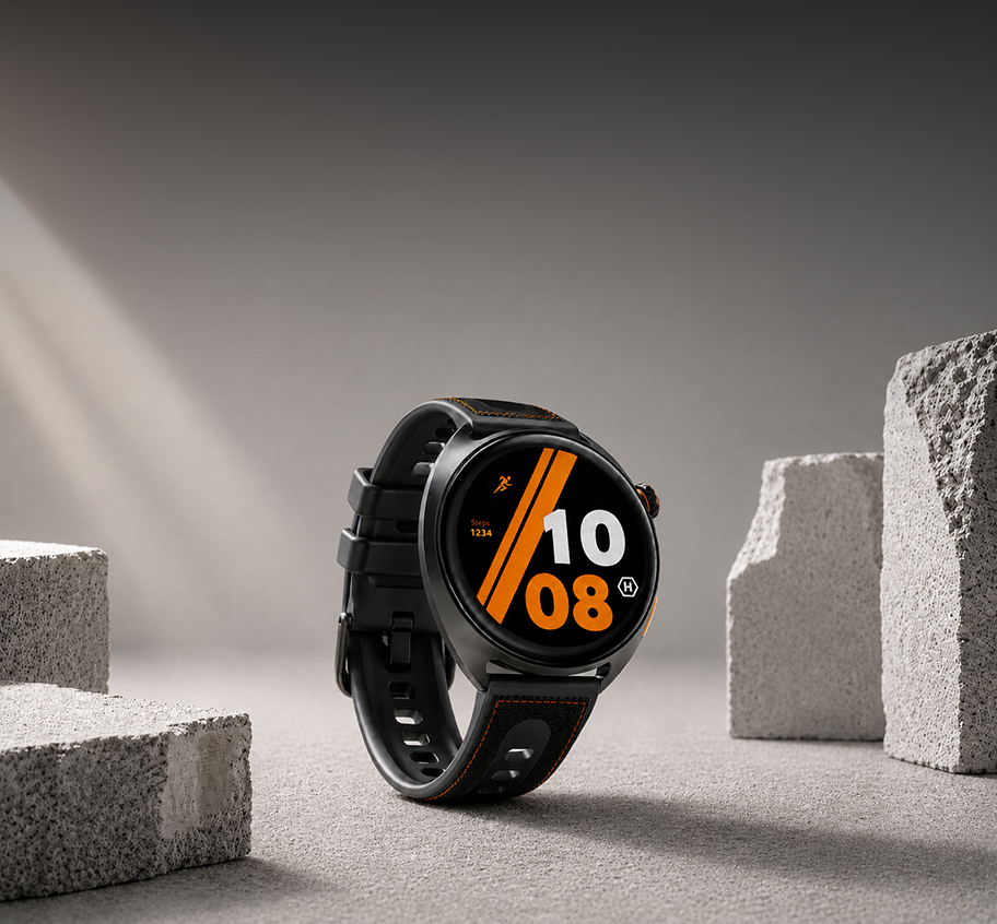 Smartwatch HAMMER WATCH VENTUS PRO z okrągłą tarczą na tle betonowych bloków