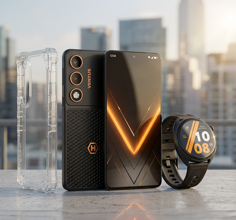 HAMMER VENTUS 5G z przezroczystym etui oraz smartwatch HAMMER WATCH VENTUS PRO na tle miasta
