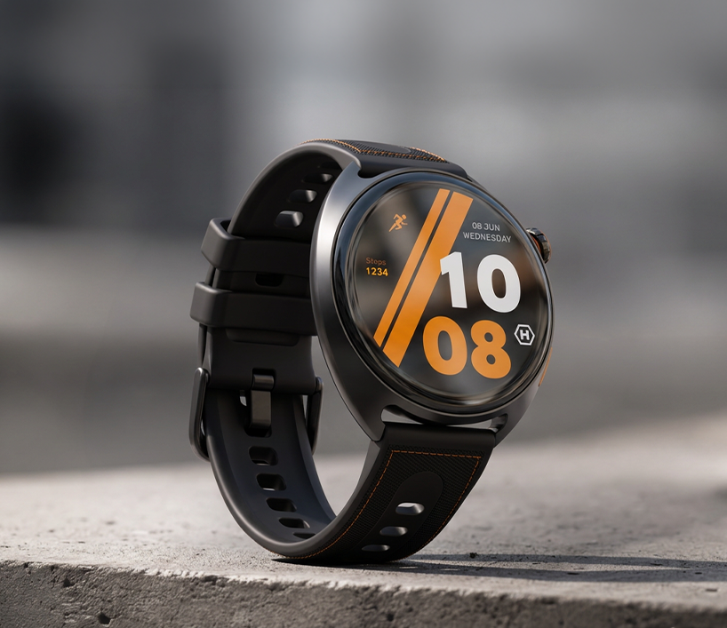 Smartwatch HAMMER WATCH VENTUS PRO z okrągłą tarczą i czarnym paskiem na betonowym podłożu