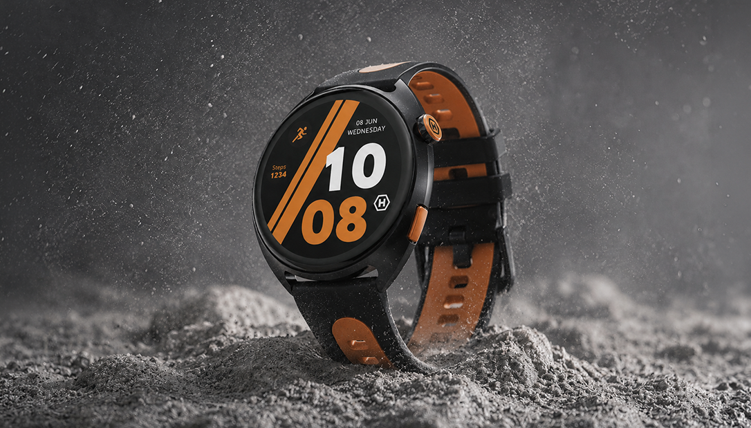 Smartwatch HAMMER WATCH VENTUS PRO z okrągłą tarczą i czarno-pomarańczowym paskiem w pyle