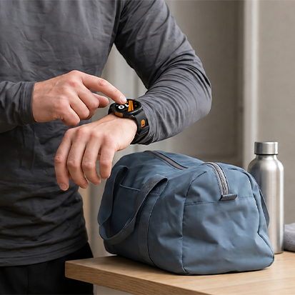 Osoba obsługująca smartwatch HAMMER WATCH VENTUS PRO na nadgarstku obok torby podróżnej