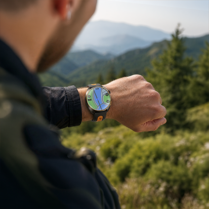 Osoba korzystająca z nawigacji na smartwatchu HAMMER WATCH VENTUS PRO w górskim terenie