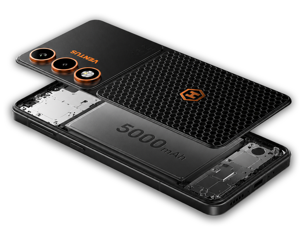 Grafika prezentująca wnętrze smartfona HAMMER VENTUS 5G z baterią o pojemności 5000 mAh