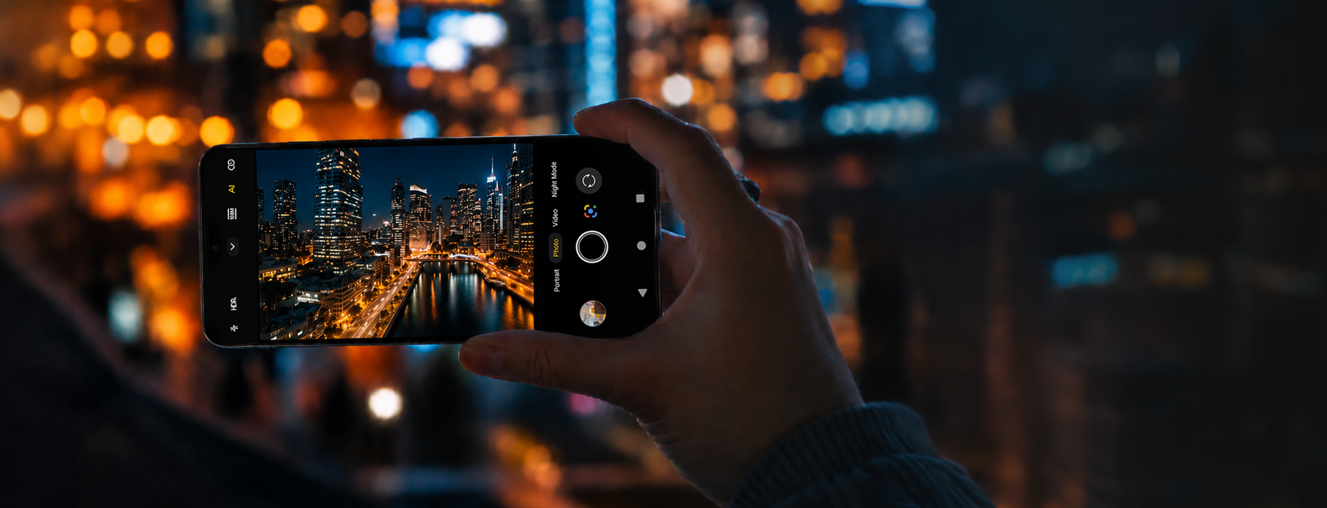 Osoba fotografująca nocne miasto smartfonem HAMMER VENTUS 5G