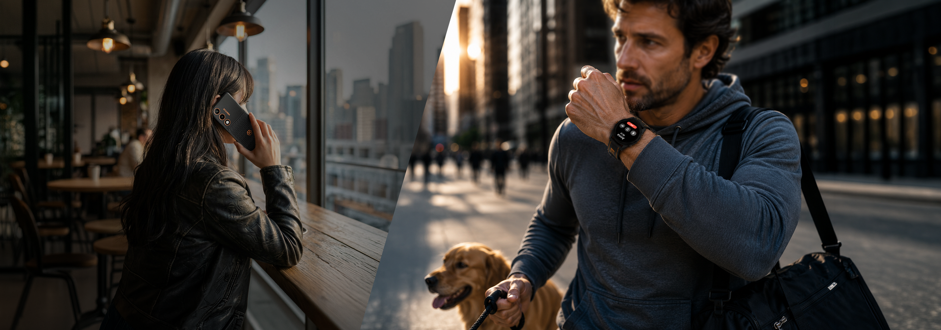 Osoba rozmawiająca przez smartfon HAMMER VENTUS 5G i osoba odbierająca połączenie na smartwatchu HAMMER WATCH VENTUS PRO