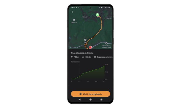 Smartfon HAMMER WATCH VENTUS z ekranem aplikacji do planowania trasy i wysyłania jej do zegarka