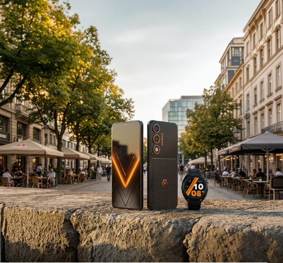 HAMMER VENTUS 5G i HAMMER WATCH VENTUS PRO ustawione na kamiennym murku, na tle miejskiej ulicy z ogródkami kawiarnianymi