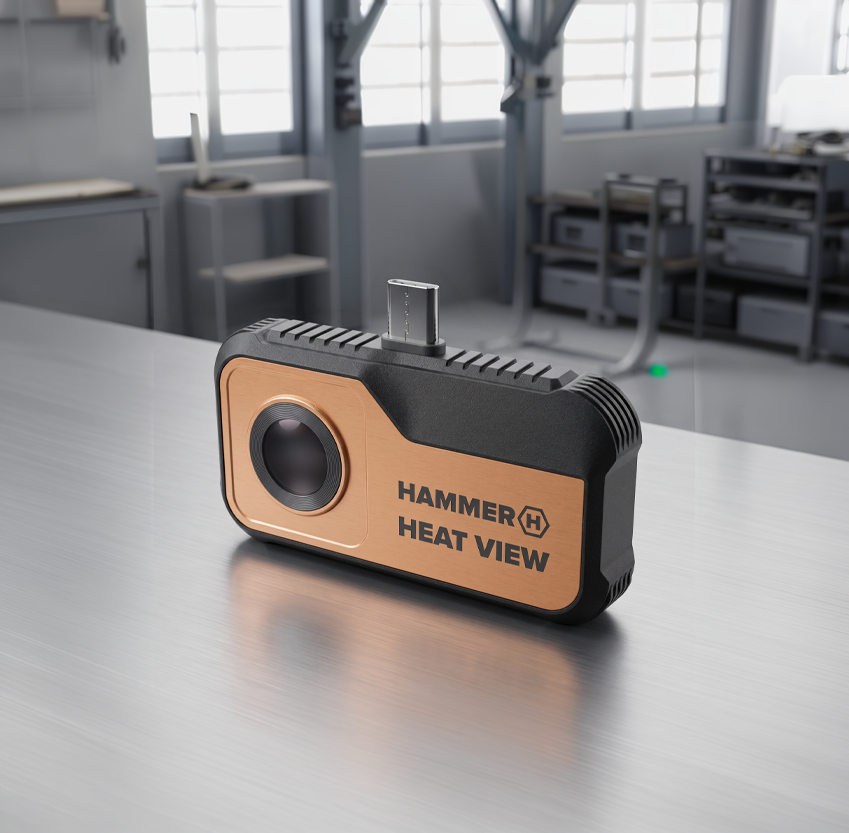 Kamera termowizyjna HAMMER HEAT VIEW w czarno-miedzianej obudowie ze złączem USB-C na stole warsztatowym