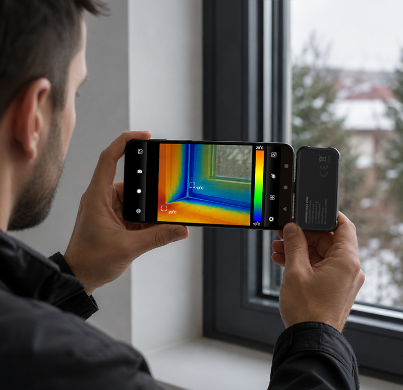 Kamera termowizyjna HAMMER HEAT VIEW podłączona do smartfona, pokazująca termowizję okna na ekranie