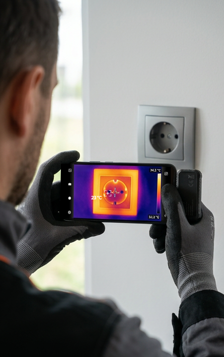 Kamera termowizyjna HAMMER HEAT VIEW podłączona do smartfona podczas pomiaru temperatury gniazdka elektrycznego