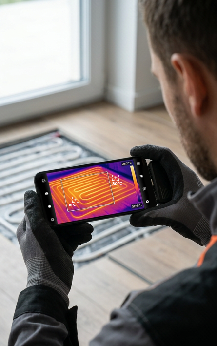 Kamera termowizyjna HAMMER HEAT VIEW podłączona do smartfona podczas kontroli ogrzewania podłogowego