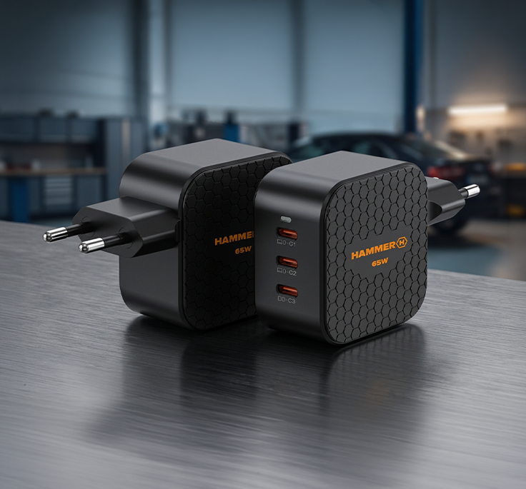 Czarna ładowarka sieciowa HAMMER RAPIDCHARGE EXTREME 65W z trzema portami USB-C, pokazana z dwóch stron na blacie