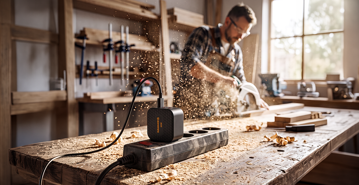 Czarna ładowarka HAMMER RAPIDCHARGE EXTREME 65W podłączona do listwy zasilającej w warsztacie