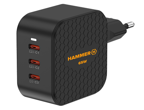 Czarna ładowarka HAMMER RAPIDCHARGE EXTREME 65W z trzema portami USB-C na przezroczystym tle