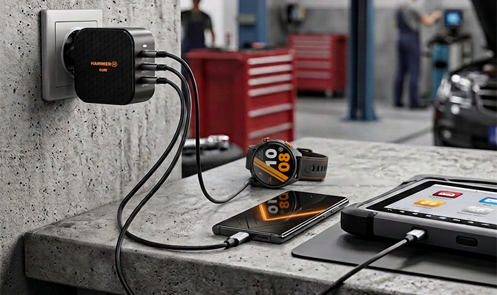 Czarna ładowarka HAMMER RAPIDCHARGE EXTREME 65W z trzema przewodami, zasilająca smartfon, smartwatch i tablet w warsztacie