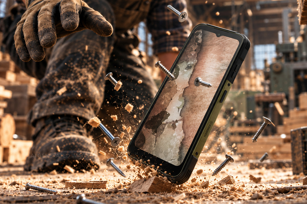 Wizualizacja odporności ekranu smartfona HAMMER na uderzenia śrubami i uszkodzenia mechaniczne