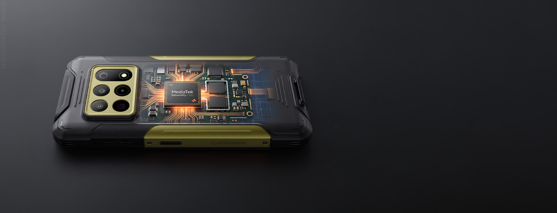Wizualizacja procesora MediaTek Dimensity 7100 i podzespołów wewnątrz smartfona HAMMER Military Edition
