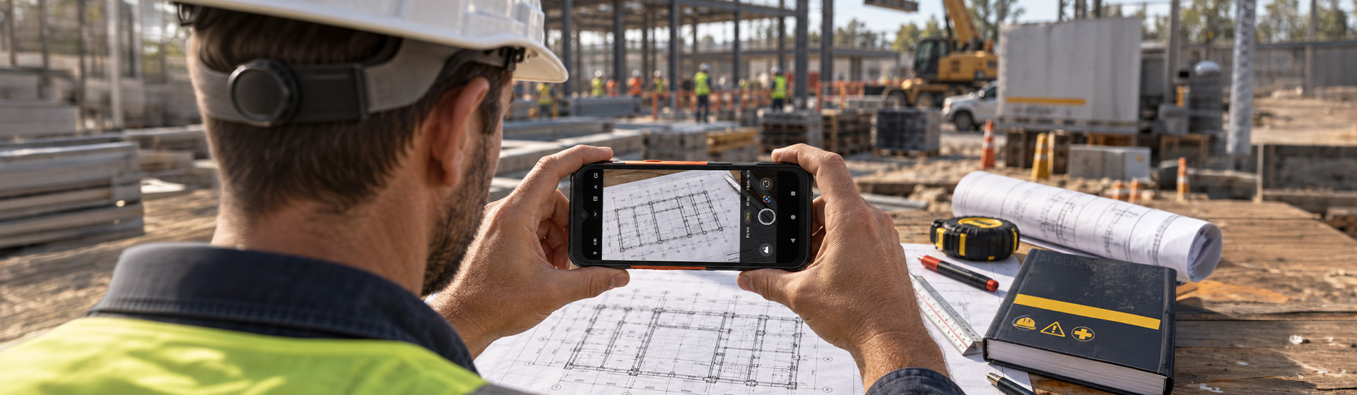 Fotografowanie planów budowlanych smartfonem HAMMER na placu budowy