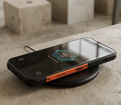 HAMMER CONSTRUCTION 3 THERMAL 5G, czarno-pomarańczowy smartfon pancerny ładowany bezprzewodowo na okrągłej ładowarce indukcyjnej