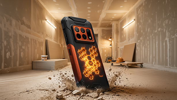 HAMMER CONSTRUCTION 3 THERMAL 5G, czarno-pomarańczowy smartfon pancerny z motywem plastra miodu, uderzający w gruz na placu budowy