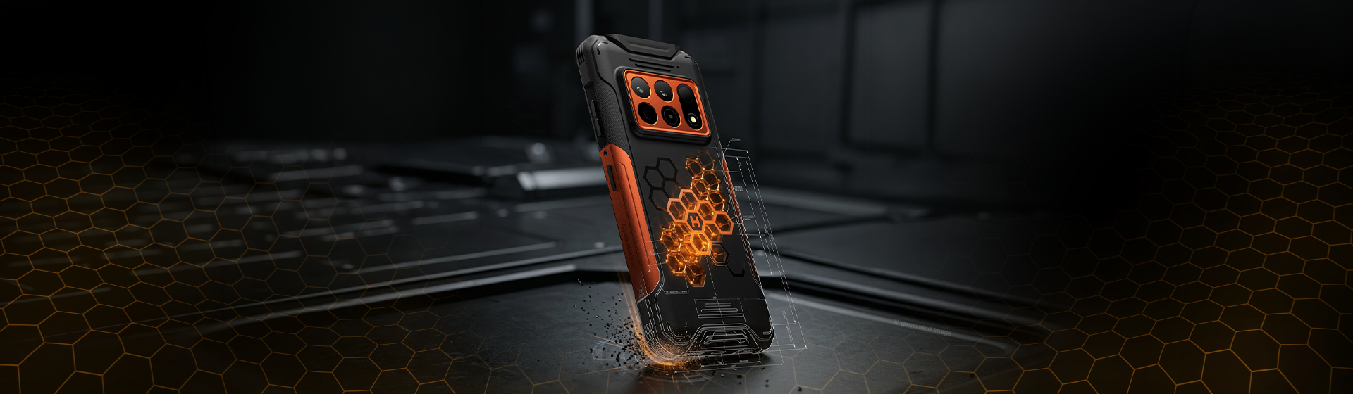 HAMMER CONSTRUCTION 3 THERMAL 5G, czarno-pomarańczowy smartfon pancerny z motywem plastra miodu i wzmocnioną obudową na ciemnym tle