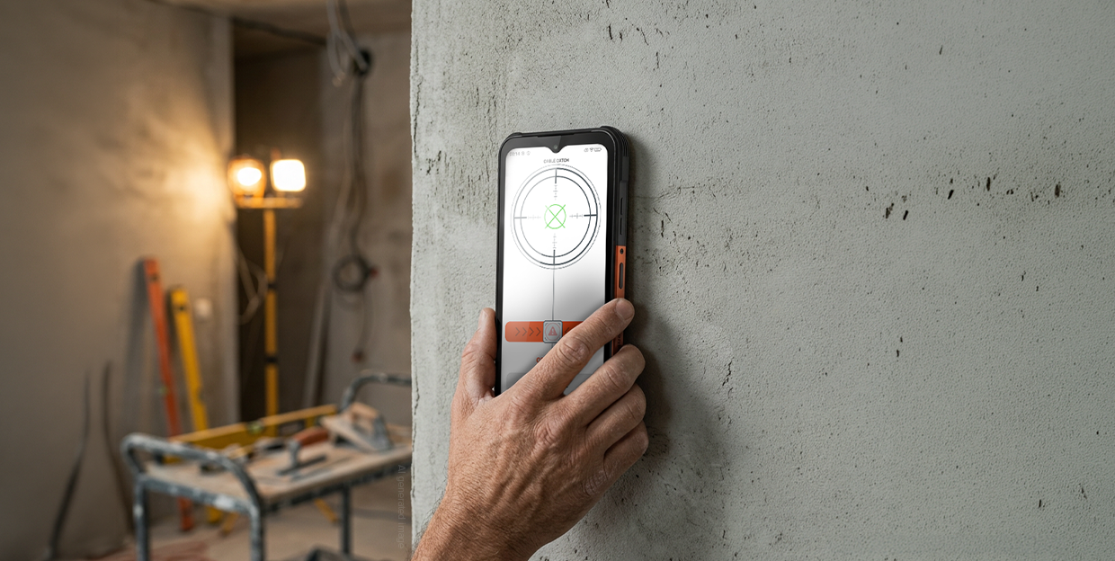 HAMMER CONSTRUCTION 3 THERMAL 5G z funkcją detektora kabli, przyłożony do ściany w remontowanym wnętrzu, ze wskaźnikiem wykrywania na ekranie