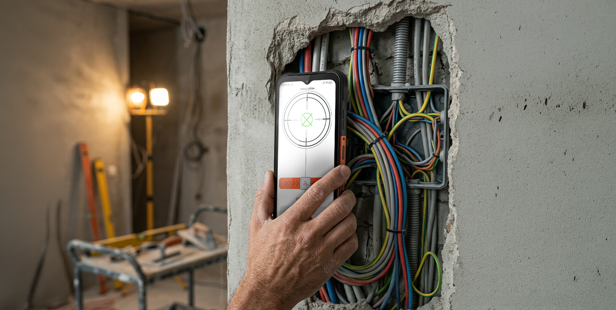 HAMMER CONSTRUCTION 3 THERMAL 5G z funkcją detektora kabli, przyłożony do ściany z odsłoniętą instalacją elektryczną i kolorowymi przewodami