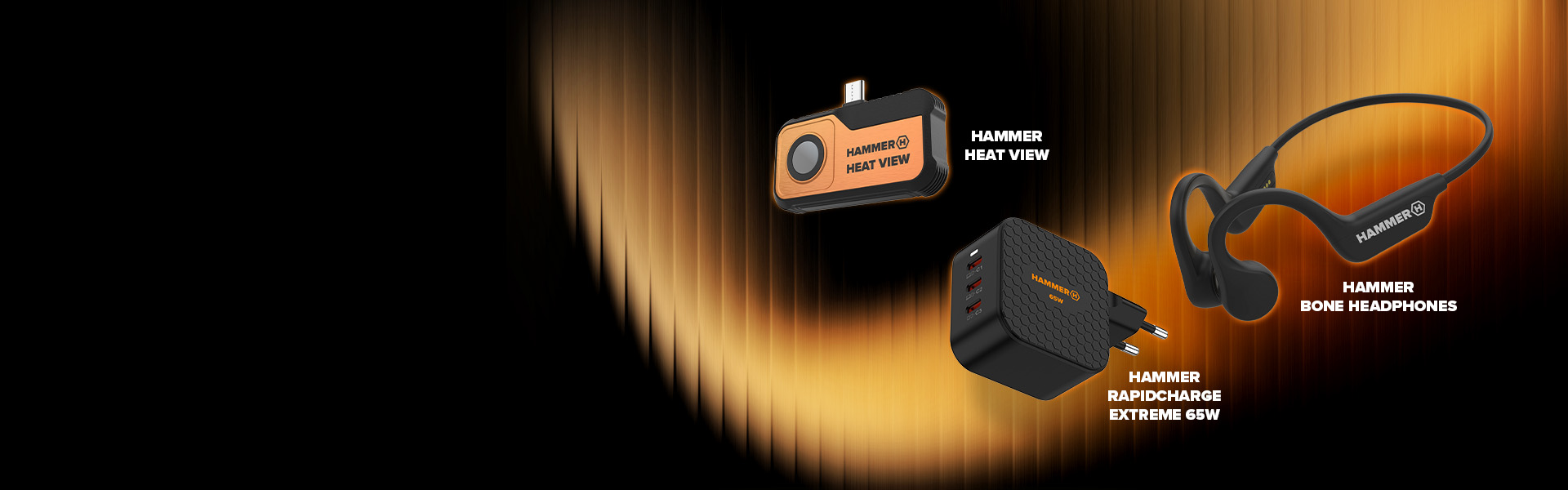 Akcesoria HAMMER: HAMMER HEAT VIEW, HAMMER RAPIDCHARGE EXTREME 65W i HAMMER BONE HEADPHONES na czarno-pomarańczowym tle