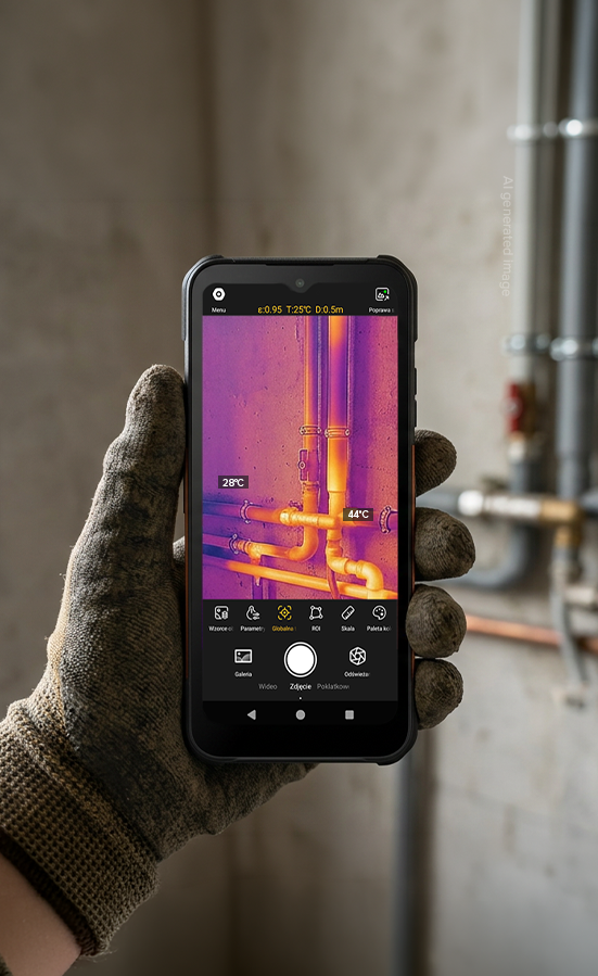 Obraz termowizyjny rur instalacyjnych na ekranie smartfona
