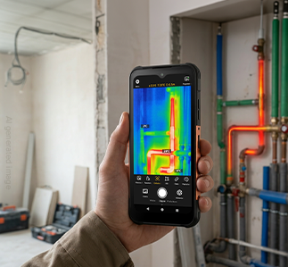 Obraz termowizyjny instalacji rurowej na ekranie smartfona.