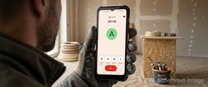 HAMMER CONSTRUCTION 3 THERMAL 5G trzymany w rękawicy roboczej, z ekranem połączenia telefonicznego z Anną na tle remontowanego wnętrza