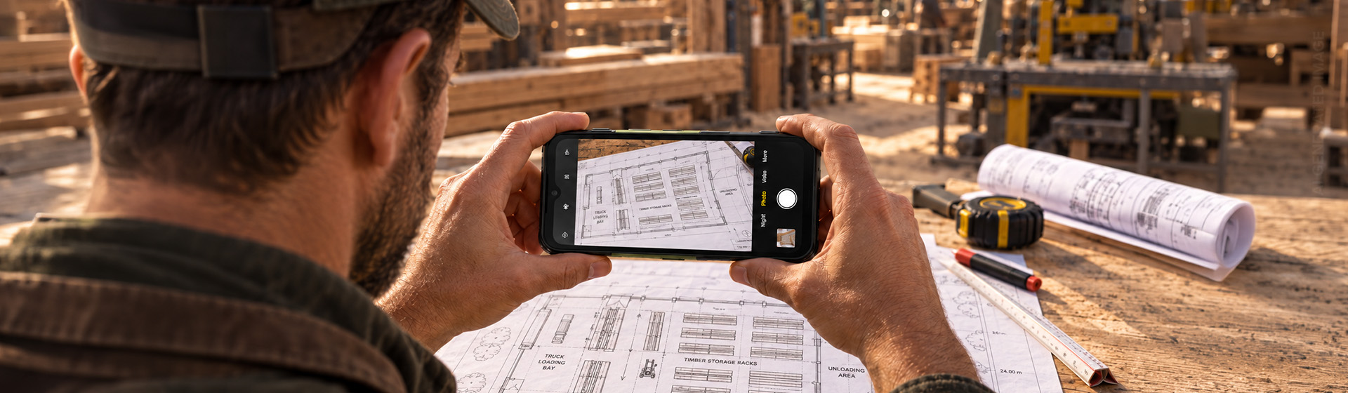 Fotografowanie planów technicznych smartfonem HAMMER w zakładzie przemysłowym