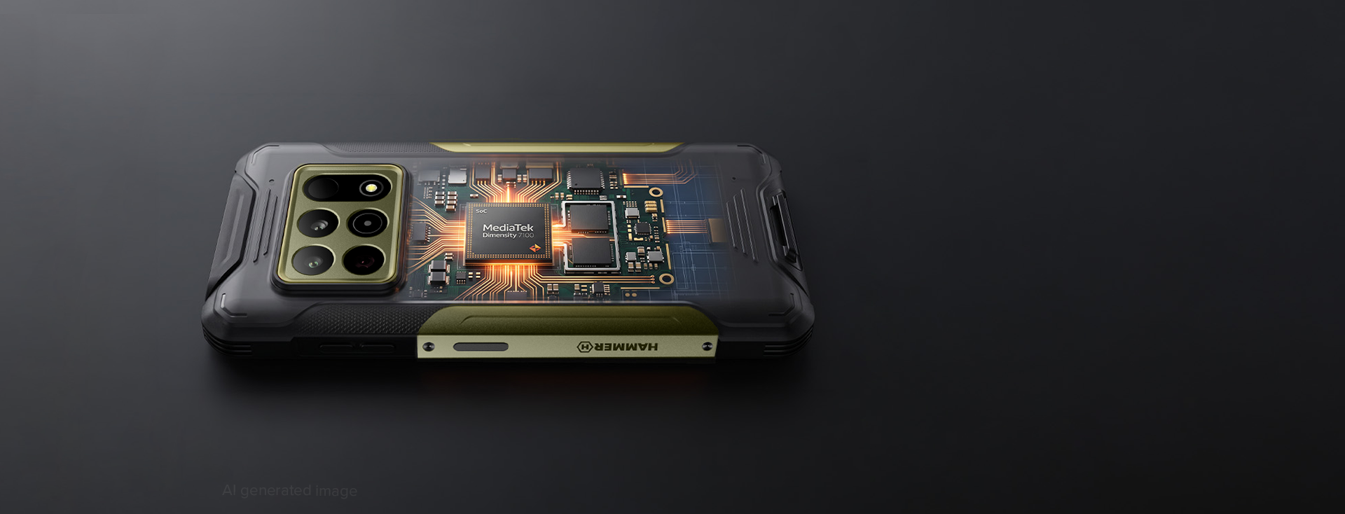 Wizualizacja procesora MediaTek Dimensity 7100 i podzespołów wewnątrz smartfona HAMMER Military Edition