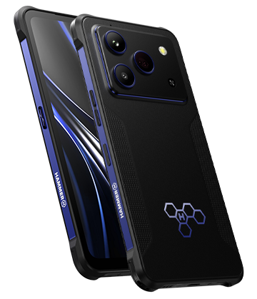 HAMMER BLADE 6 PRO 5G w czarnej obudowie z niebieskimi akcentami, widok z przodu i z tyłu z potrójnym aparatem
