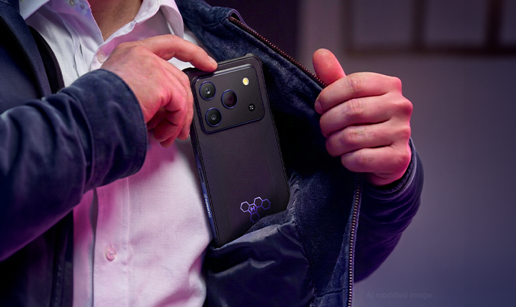 HAMMER BLADE 6 PRO 5G w czarnej obudowie z potrójnym aparatem, umieszczany przez mężczyznę w wewnętrznej kieszeni kurtki