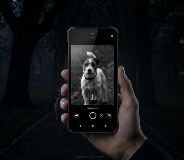 HAMMER BLADE 6 PRO 5G z włączonym trybem noktowizji, na ekranie czarno-biały obraz psa fotografowanego w ciemnym lesie