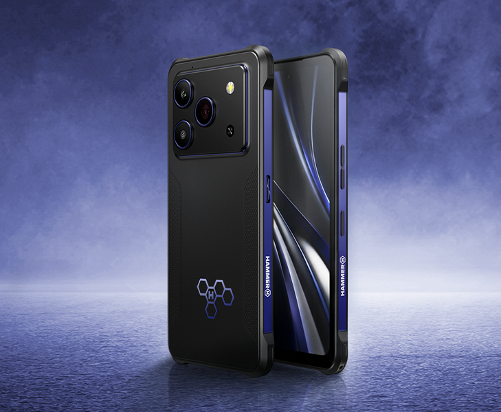 HAMMER BLADE 6 PRO 5G w czarnej obudowie z potrójnym aparatem, prezentowany z przodu i z tyłu na ciemnym, niebieskim tle