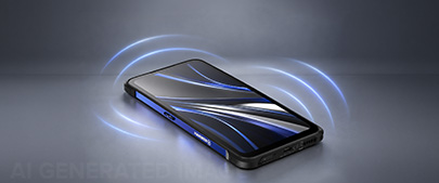 HAMMER BLADE 6 PRO 5G z wizualizacją łączności w postaci niebieskich fal sygnału otaczających smartfon