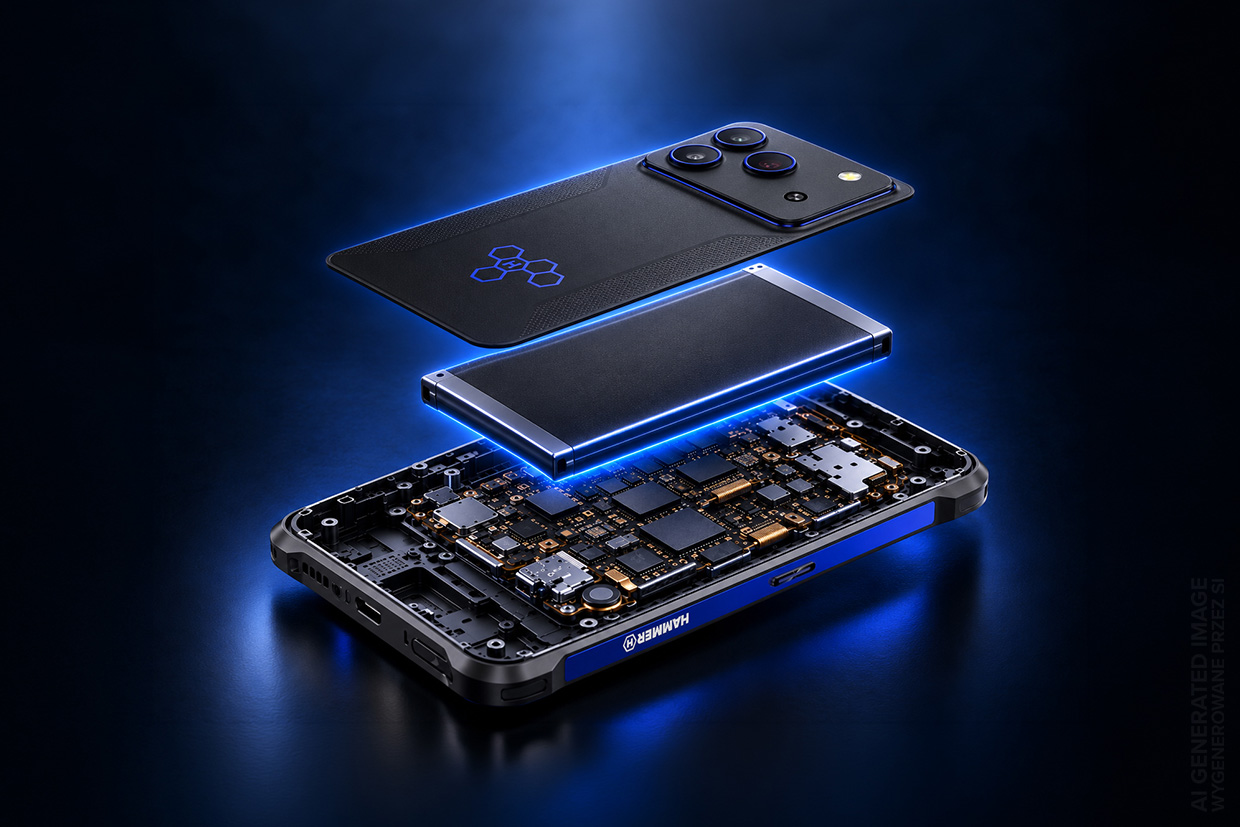 HAMMER BLADE 6 PRO 5G w widoku rozłożonym na warstwy, ukazującym tylną obudowę, baterię i wewnętrzne podzespoły elektroniczne