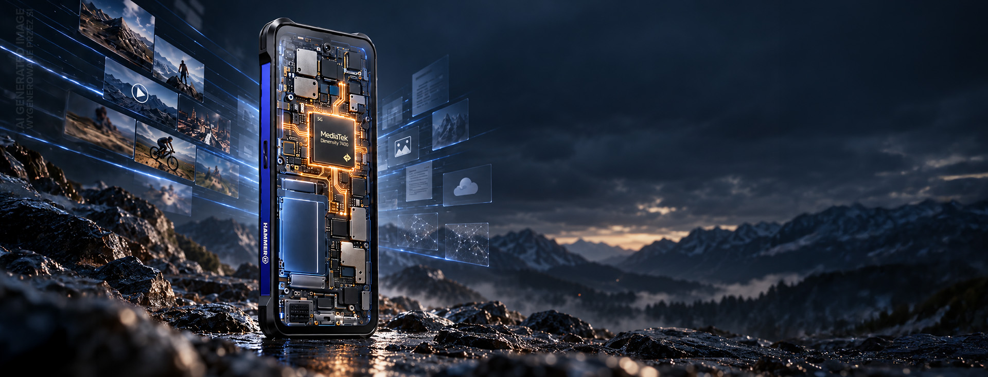 HAMMER BLADE 6 PRO 5G z wizualizacją procesora MediaTek Dimensity 7400 i wewnętrznych podzespołów na tle górskiego krajobrazu