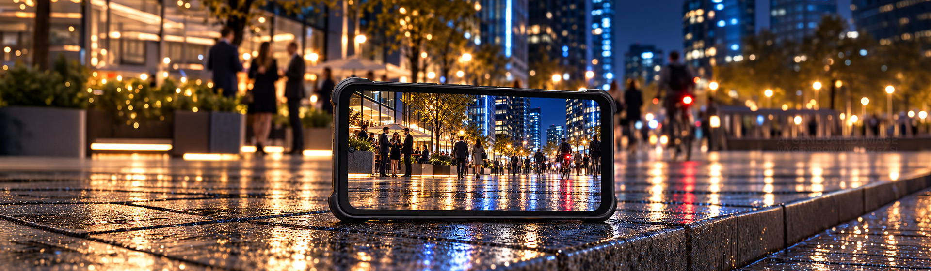 HAMMER BLADE 6 PRO 5G ustawiony poziomo na mokrym chodniku, z wyświetlonym nocnym krajobrazem miasta i odbiciami świateł