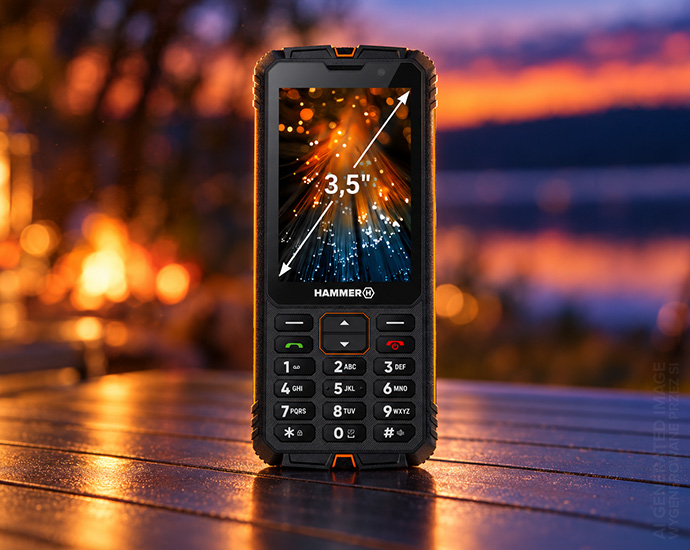 HAMMER LUMEN LTE w czarno-pomarańczowej obudowie z klawiaturą fizyczną i ekranem 3,5 cala, prezentowany na tle jeziora o zachodzie słońca