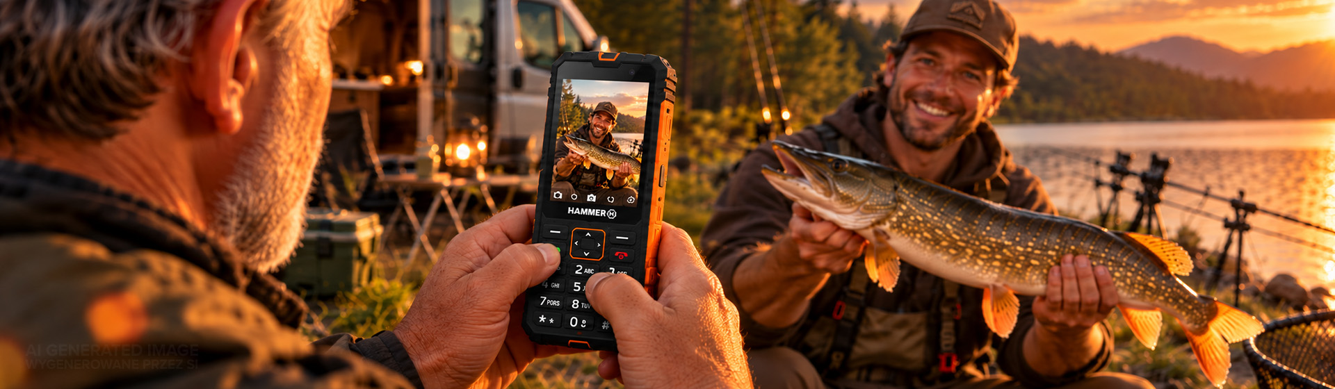 HAMMER LUMEN LTE w dłoniach mężczyzny fotografującego wędkarza trzymającego dużego szczupaka nad jeziorem o zachodzie słońca