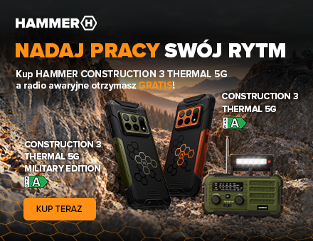 Promocja HAMMER CONSTRUCTION 3 THERMAL 5G z radiem awaryjnym gratis przy zakupie smartfona, na tle górskiego krajobrazu