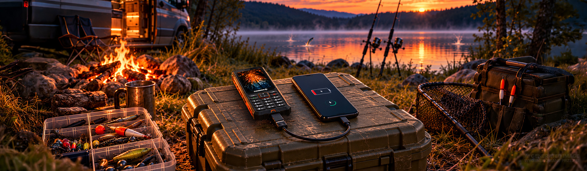 HAMMER LUMEN LTE z funkcją powerbanku ładuje smartfon na biwaku wędkarskim nad jeziorem o zachodzie słońca