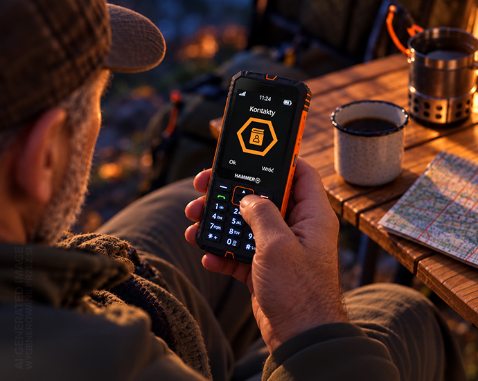 HAMMER LUMEN LTE w dłoni mężczyzny na biwaku, z otwartym menu kontaktów na ekranie i fizyczną klawiaturą