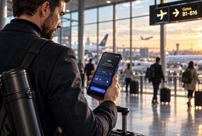HAMMER BLADE 6 PRO 5G z ekranem aktywacji eSIM, trzymany przez podróżnego z walizką na lotnisku
