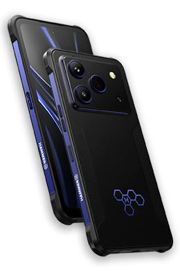 HAMMER BLADE 6 PRO 5G w czarnej obudowie z niebieskimi akcentami, widok z przodu i z tyłu