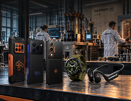 Smartfony HAMMER CONSTRUCTION 3 THERMAL 5G, BLADE 6 PRO 5G i VENTUS 5G oraz smartwatch i słuchawki HAMMER na tle laboratorium