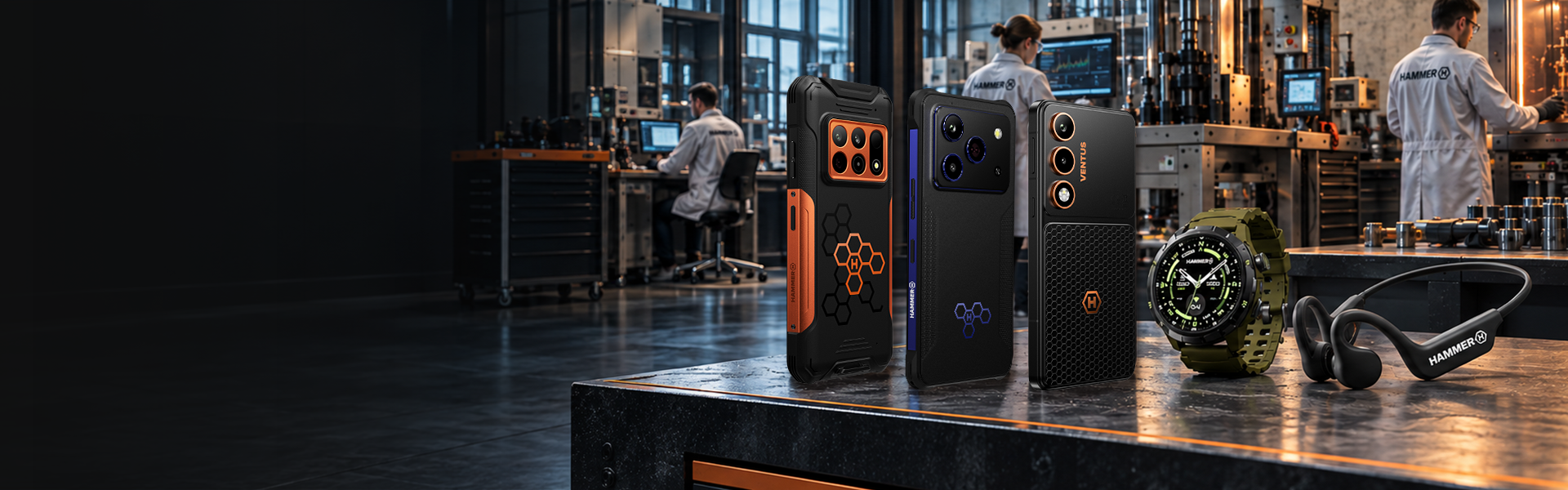 Smartfony HAMMER CONSTRUCTION 3 THERMAL 5G, BLADE 6 PRO 5G i VENTUS 5G oraz smartwatch i słuchawki HAMMER na tle laboratorium